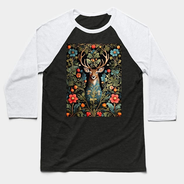 Forest Deer - William Morris Inspired Art Baseball T-Shirt by VivaLaRetro